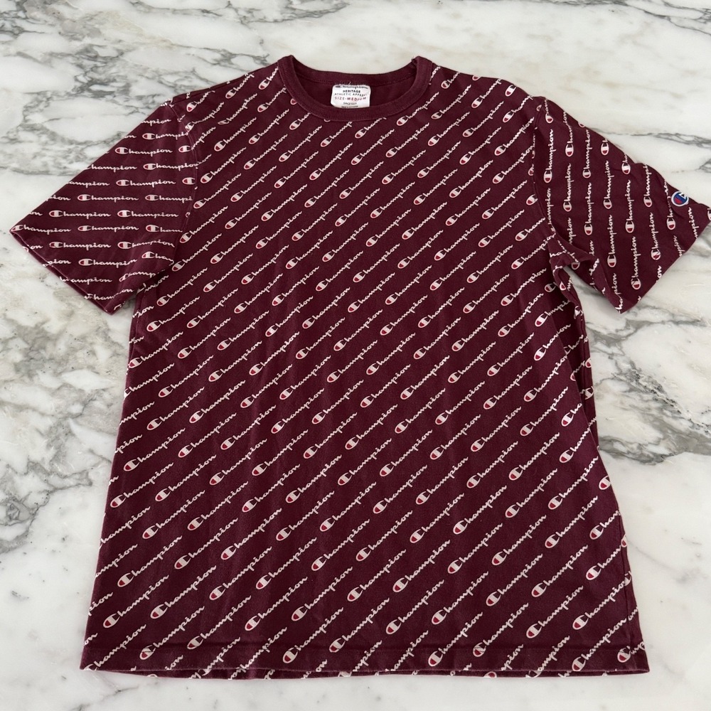 Champion T-Shirt Short Sleeve‎ All Over Logo Print Burgandy - Size M